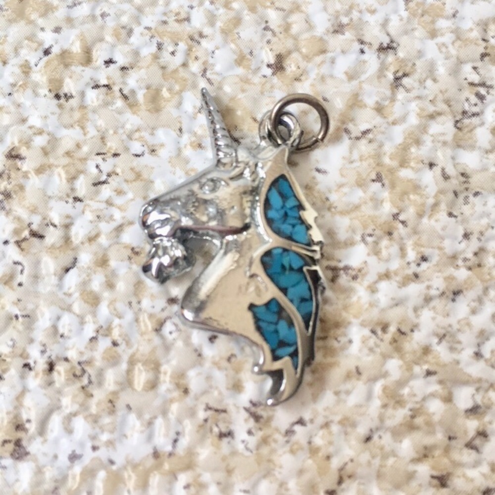 Silver Tone Turquoise Chip Mosaic Unicorn Pendant Necklace Charm